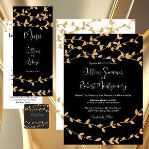 Elegant Black and White with Gold Leaves Wedding Guest Book