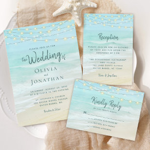 Beach Ocean String Lights Wedding Invitation
