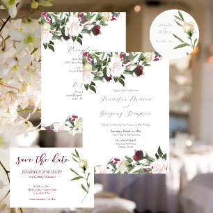 Wedding Watercolor White Roses Cranberry Flowers Invitation