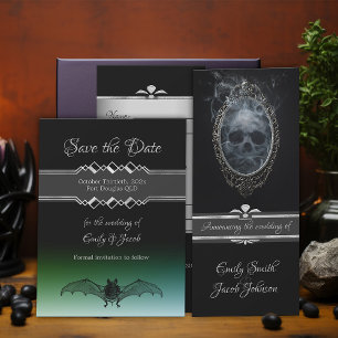 Halloween Wedding Black & Green Gothic Bat October Save The Date