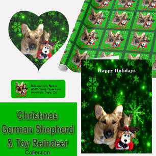 Leggings German Shepherd, Toy Reindeer, Green Snowflakes
