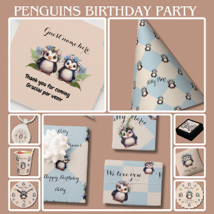 Cute Penguins for Girl Bilingual Happy Birthday  Wrapping Paper