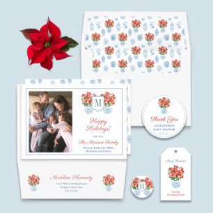 Red Poinsettia Chinoiserie Photo Collage Christmas Holiday Card