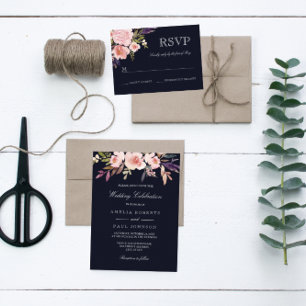 Aquarelle Peonies Marine Faire-part de mariage ros