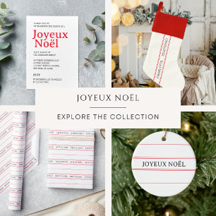 French "Joyeux Noël" Red Stripe Family Name Ceramic Ornament