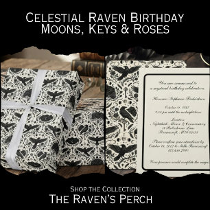 Dark Academia Etched Ivory Raven Moon Key Wrapping Paper