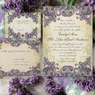 Gold Purple Green Vintage Peacock Paisley Wedding Invitation