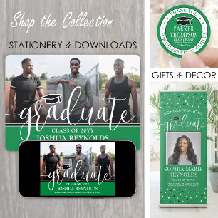 Modern Script Green and White 4 Photo Graduation Announcement