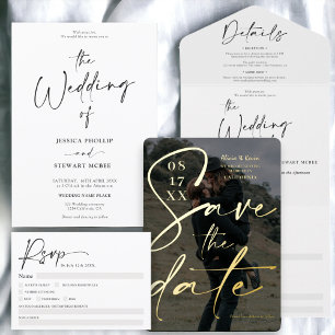 Modern bold black script save the date photo