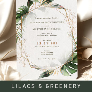 Tropical Monstera Gold Green Watercolor Wedding Invitation