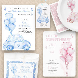 Valentine Sweetheart Blue Balloons 1st Birthday Invitation