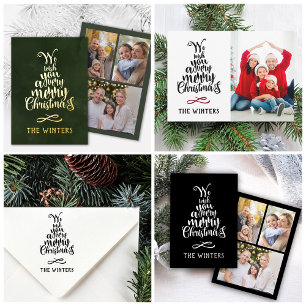 3 Photo Silver and Black Christmas Tree Lettering  Foil Holiday Card
