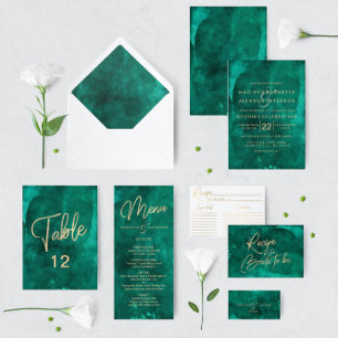 Emerald Green Watercolor & Gold Wedding Reception Invitation