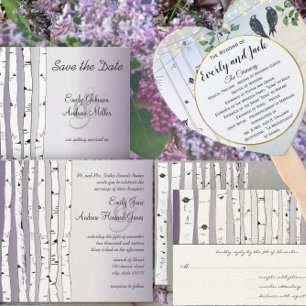 Vintage Love Bird Birch Tree Wedding Invitations