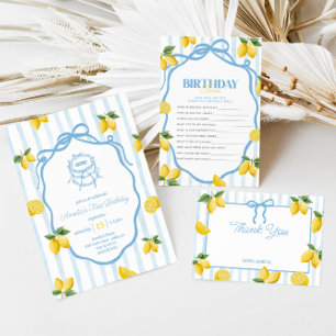 Girls Blue Lemon Amalfi Watercolor 1st Birthday Invitation
