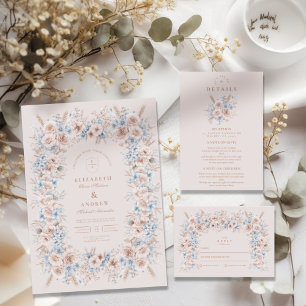 Blush Pink and Blue Watercolor Floral Wedding Place Card