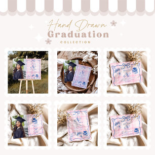 Retro Hand Drawn Pink and Blue Graduation Invitation