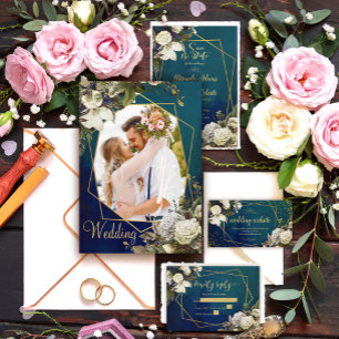 Modern Romantic Floral Gold Wreath Wedding Invitation