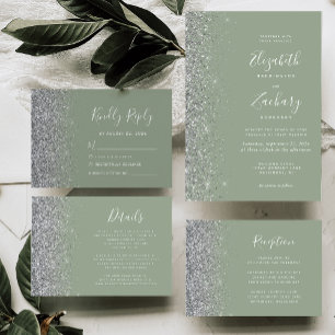 Modern Sage Green Silver Glitter Edge Wedding Invitation