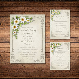 Vintage White Daisy Floral Romantic Rustic Wedding Invitation