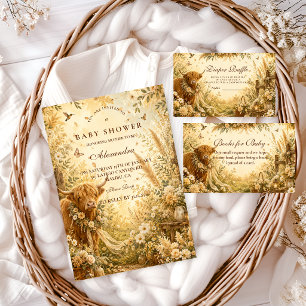Invitation Fête de Bébé Bohème Vache Highland Rustique