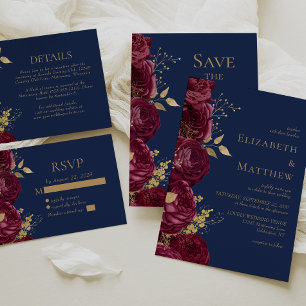 Romantic Burgundy Navy Blue Gold Floral Wedding Invitation