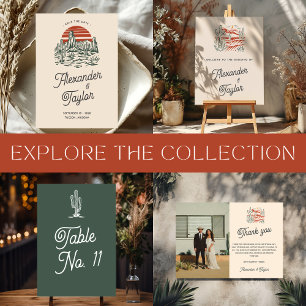 Bold Retro Saguaro Cacti Desert Landscape Wedding Invitation