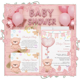 It's a Girl Pink balloon CutTeddy Bear baby shower Invitation