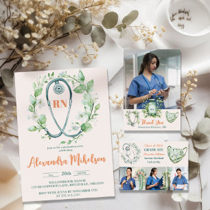 Boho Green Photo Watercolor  Nursing School Gradua Announcement