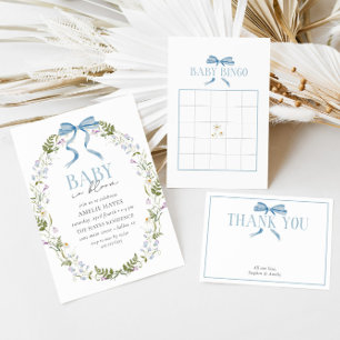 Baby in Bloom Blue Spring Floral Bow Baby Shower Invitation