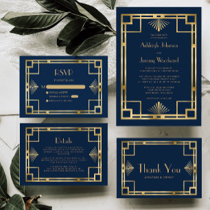 Navy Blue Gold Geo Vintage 1920s Deco Wedding Invitation