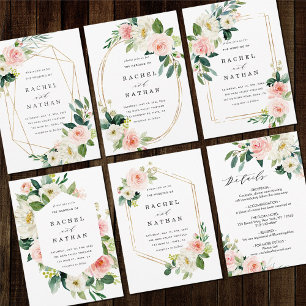 Blush White Bloom Gold Frame Wedding Invitation