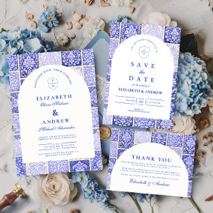 Classic Blue Porcelain Patchwork Wedding RSVP Card