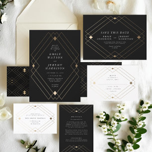 Gold Diamond Black Geometric Deco Gatsby Wedding Invitation