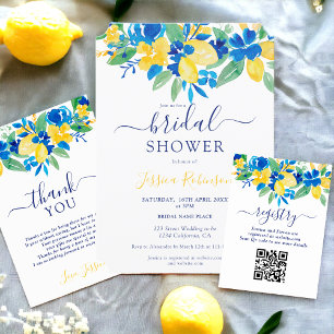 Blue yellow lemons floral watercolor bridal shower invitation