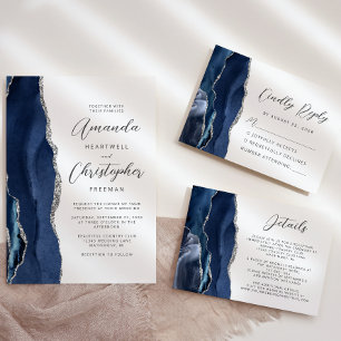 Agate Navy Blue Silver Script Wedding Invitation