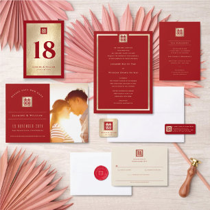Gold Square Double Happiness Chinese Wedding Photo Save The Date