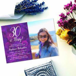 30 and Flirty Elegant Purple Photo Birthday Invitation