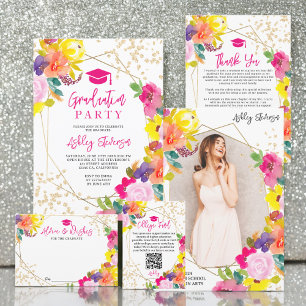 Gold glitter boho bold floral photo graduation invitation