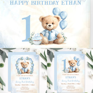 1st Birthday Modern Blue Teddy Bear Invitation