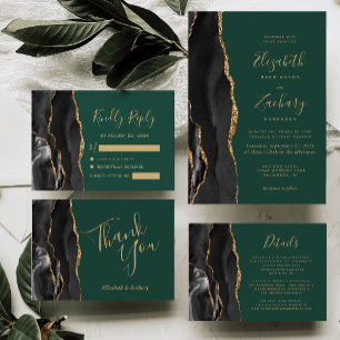 Modern Black Gold Agate Emerald Green Wedding RSVP Card