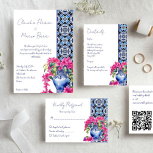 Blue French Tiles Bougainvillea elegant wedding  Save The Date