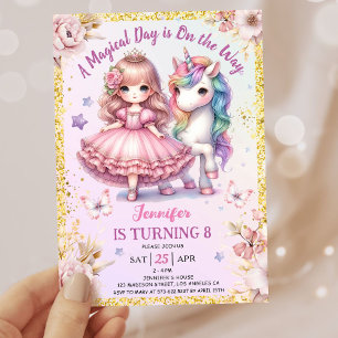 Girls Princess Unicorn 8th Birthday Pink Gold Invitation