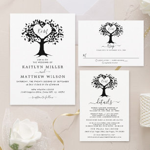 Simple Black & White Monogram Heart Tree Wedding All In One Invitation