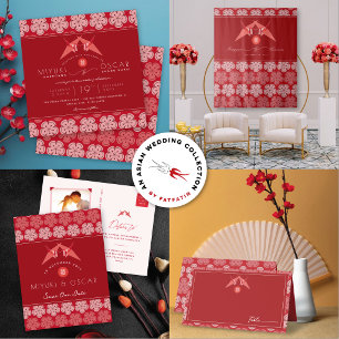 Red Paper Cranes & Cherry Blossoms Asian Wedding Square Sticker