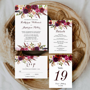 Burgundy Marsala Bohemian Floral Autumn Wedding Invitation