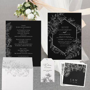 Elegant Black White Floral Botanical Wedding All In One Invitation
