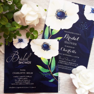 Invitation Mariage bleu marine blanc Anemones