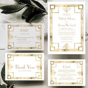 Vintage 1920s Deco Gold Frame White Wedding RSVP Enclosure Card