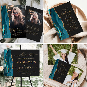 Teal Gold Agate Dark Photo Grad Announcement